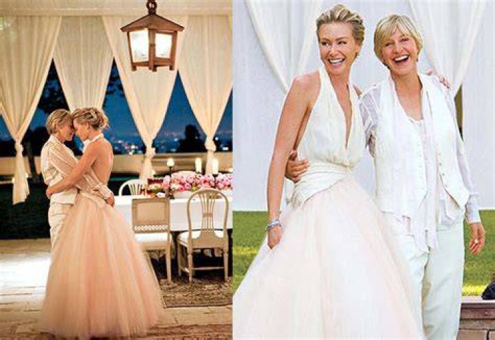 Ellen DeGeneres twins with bride Portia De Rossi at intimate wedding inside ·